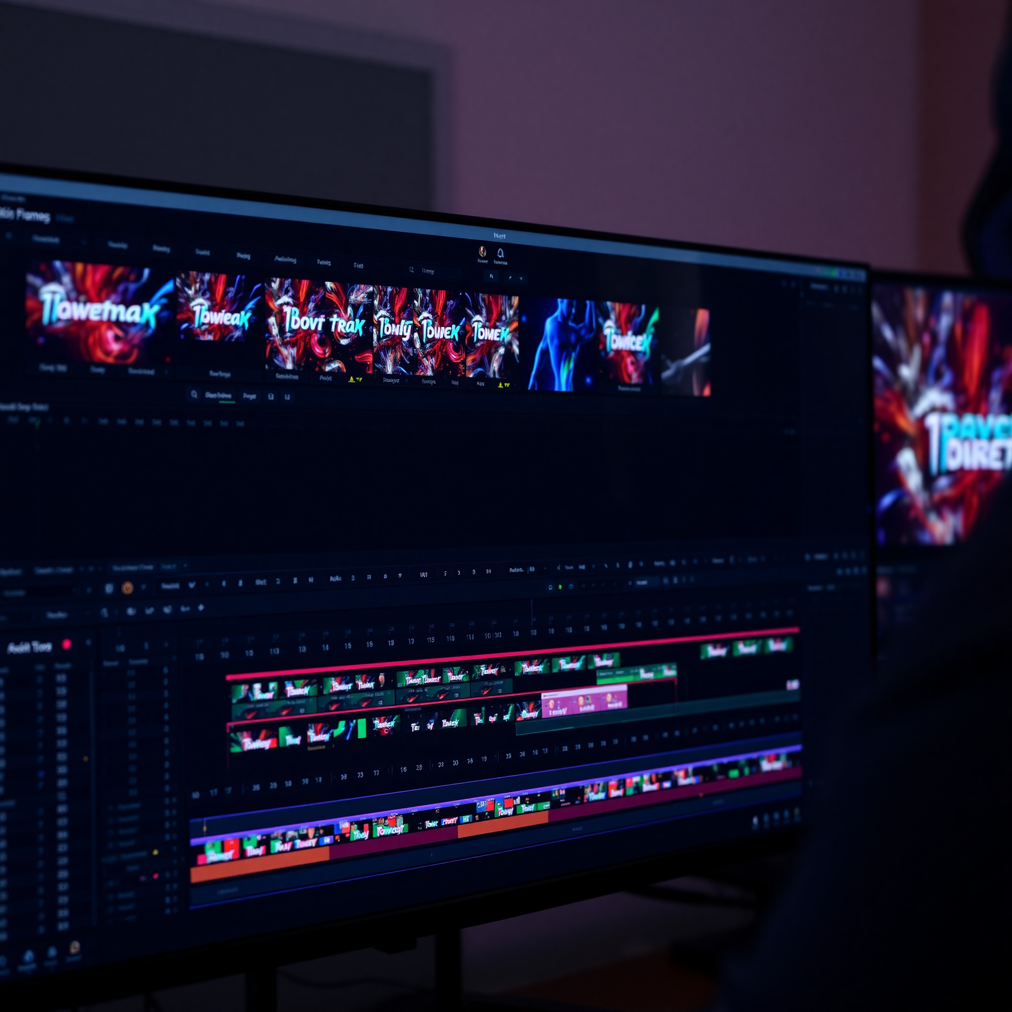 Motion graphics animation timeline showing dynamic text effects and movement keyframes in professional software