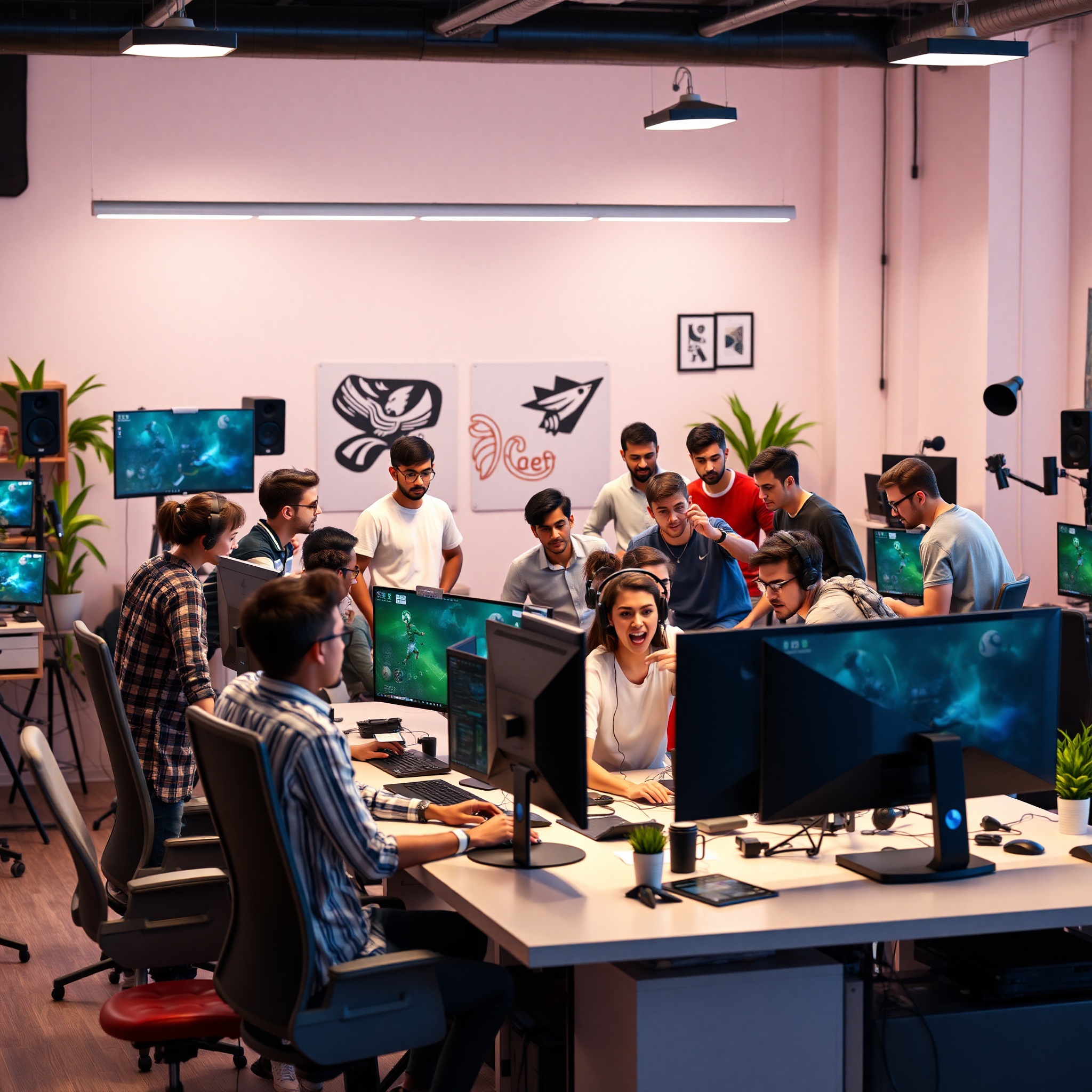 Team of professional 3D animators collaborating on complex visual effects project in creative studio space