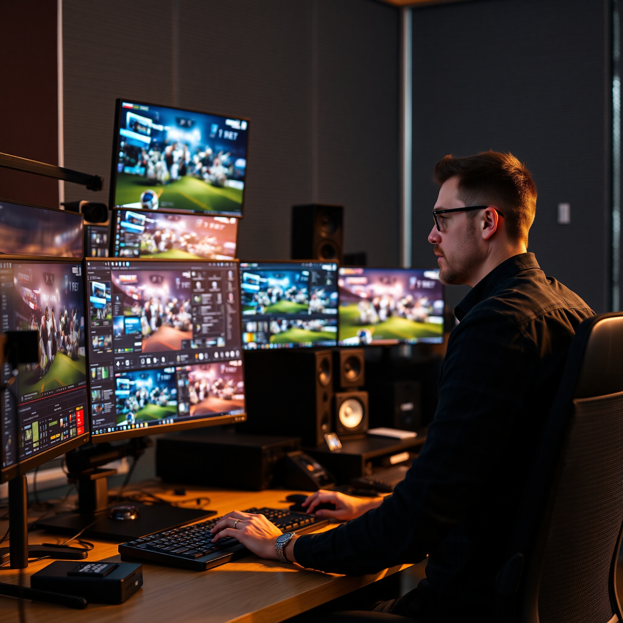 Professional 3D animation artist creating dynamic sports graphics in modern studio with multiple displays