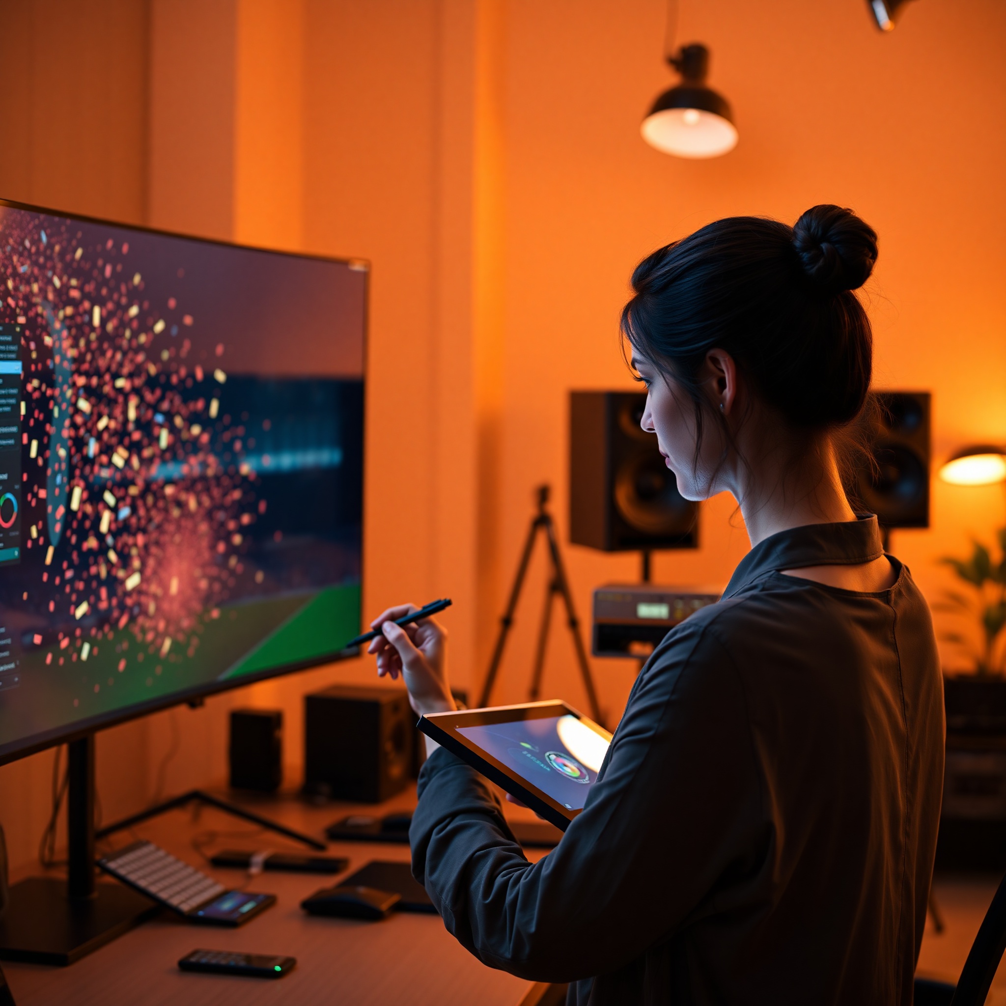 Expert motion graphics designer creating dynamic animation sequences with particle effects