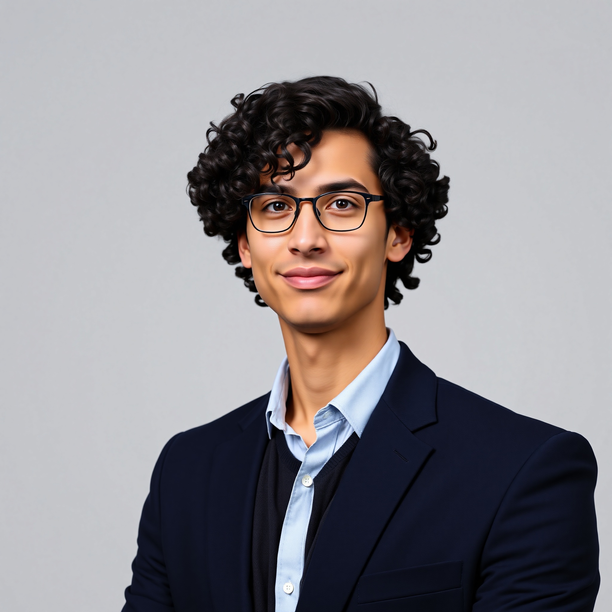 Portrait of Marcus, 28-year-old male 3D animator with dark curly hair, wearing navy blazer in professional studio environment