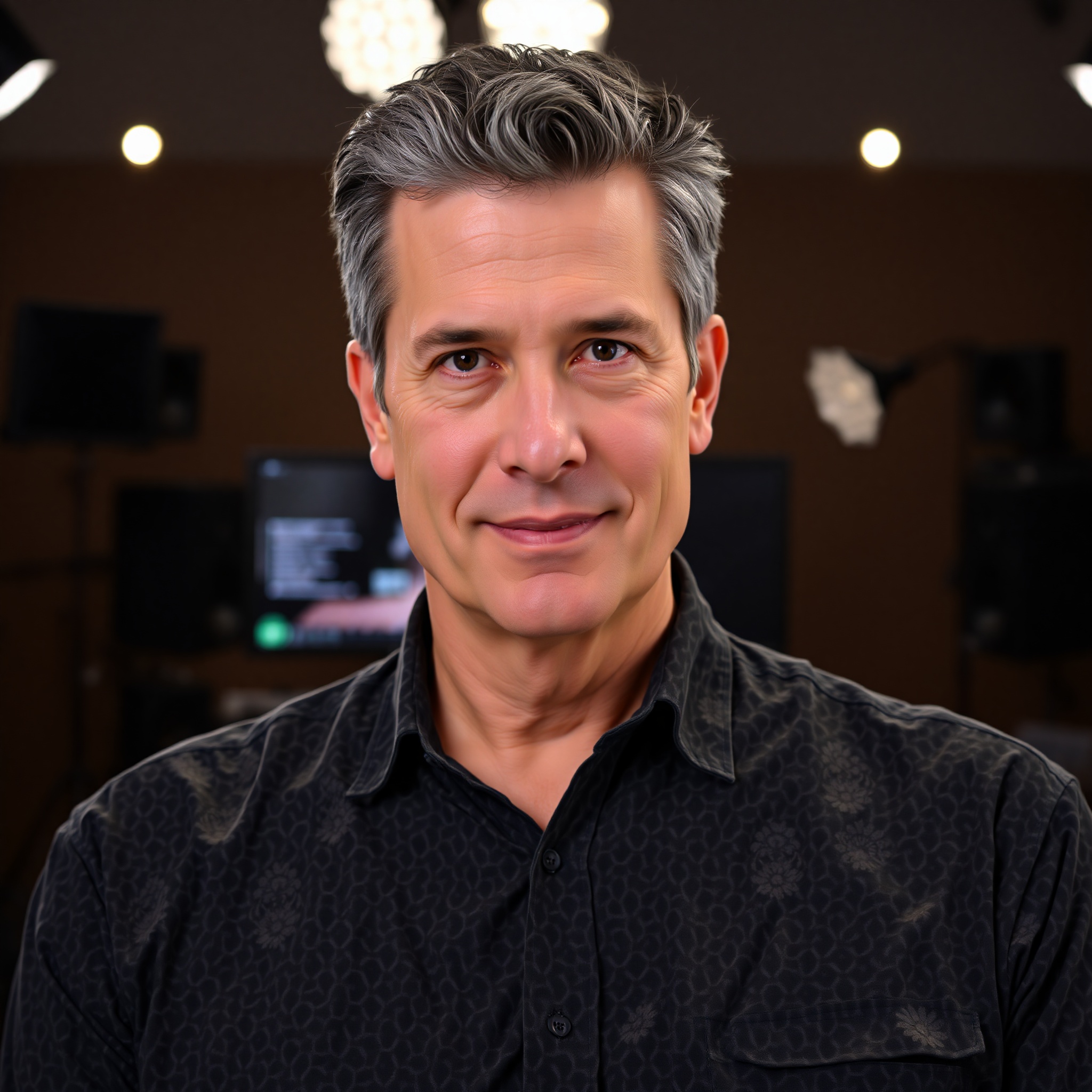 Portrait of Dmitri, 42-year-old male visual effects artist with gray-streaked black hair, wearing charcoal button-up shirt in professional studio
