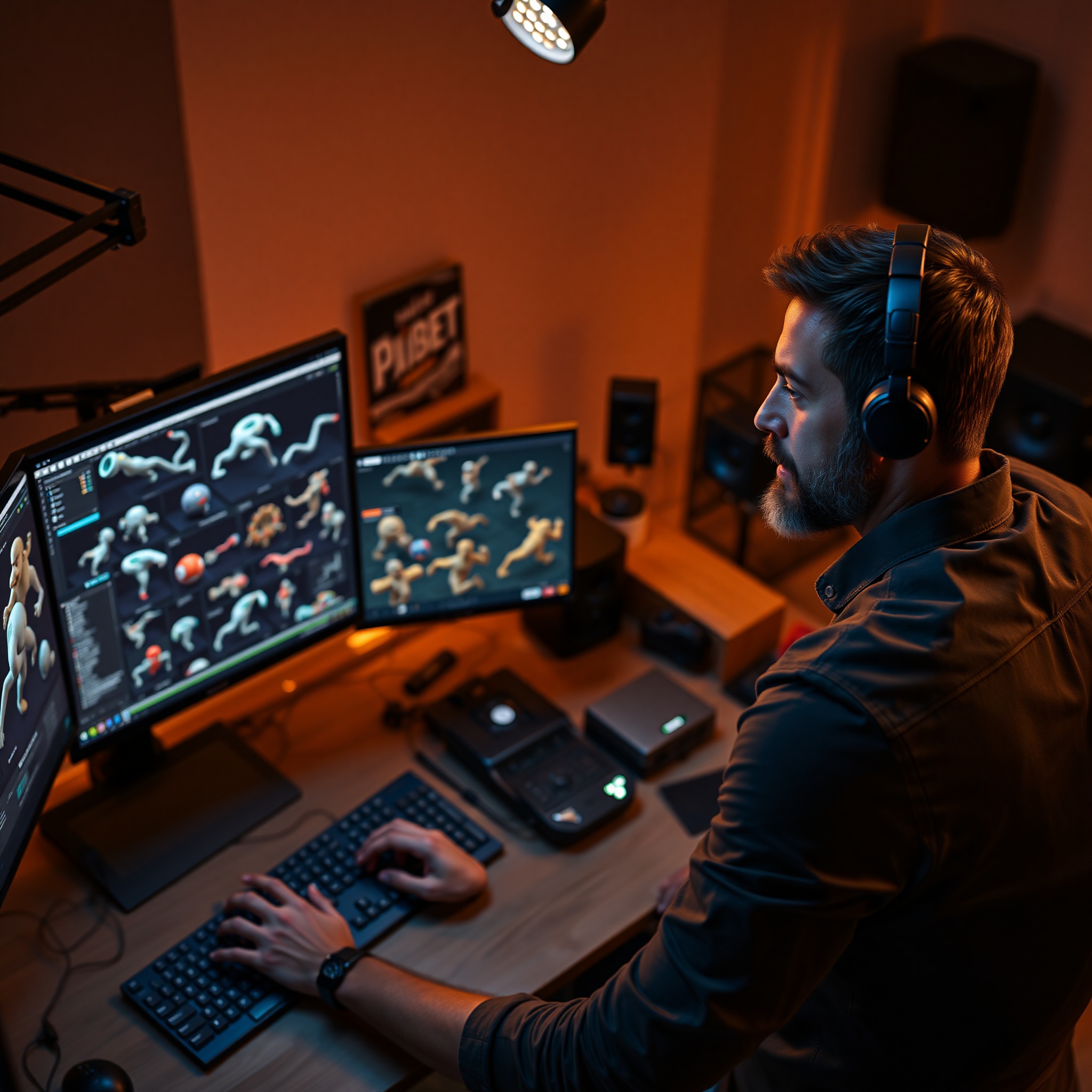 Professional 3D animator working on complex motion graphics in studio environment