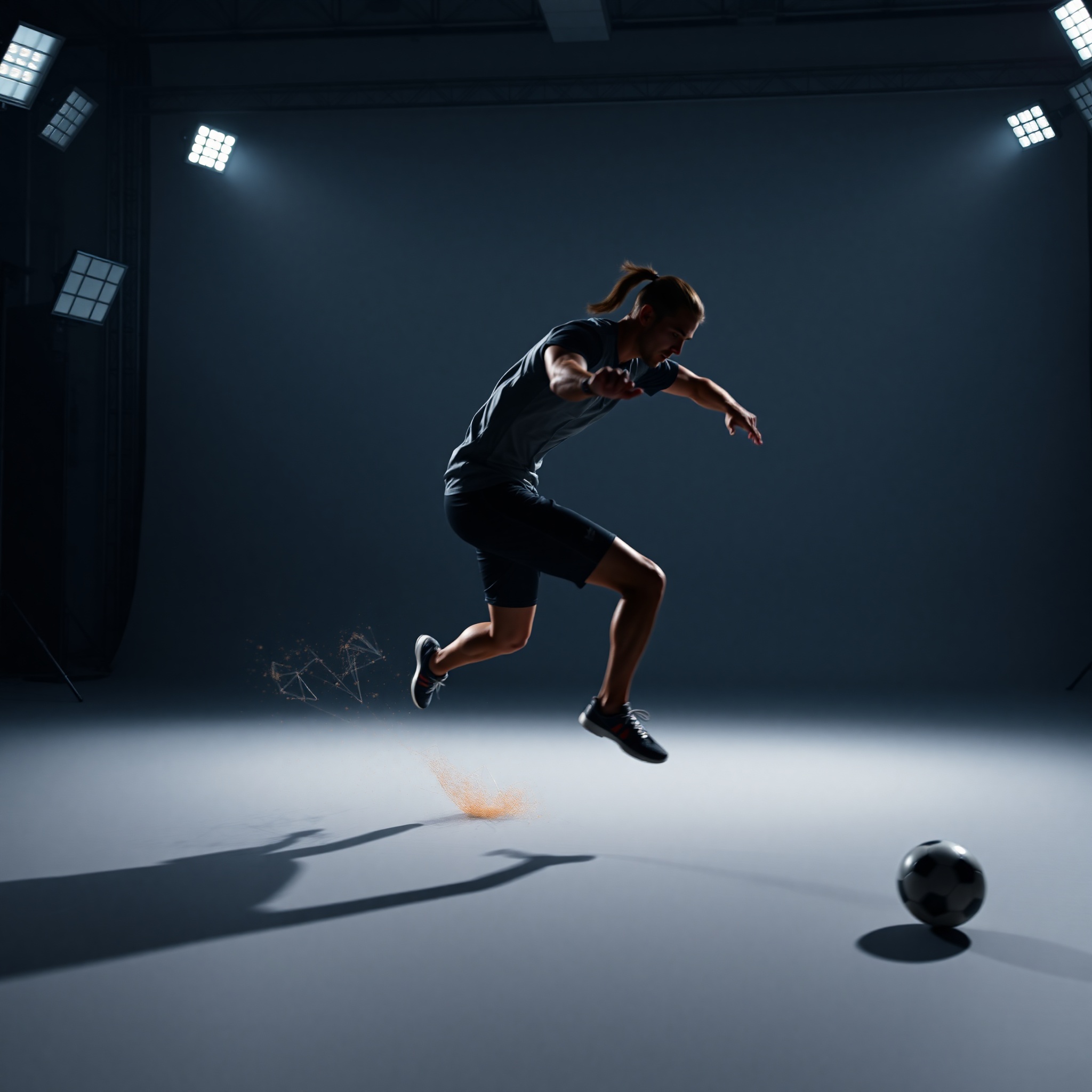 Cinematic rendering of athlete in action with advanced lighting effects and motion blur