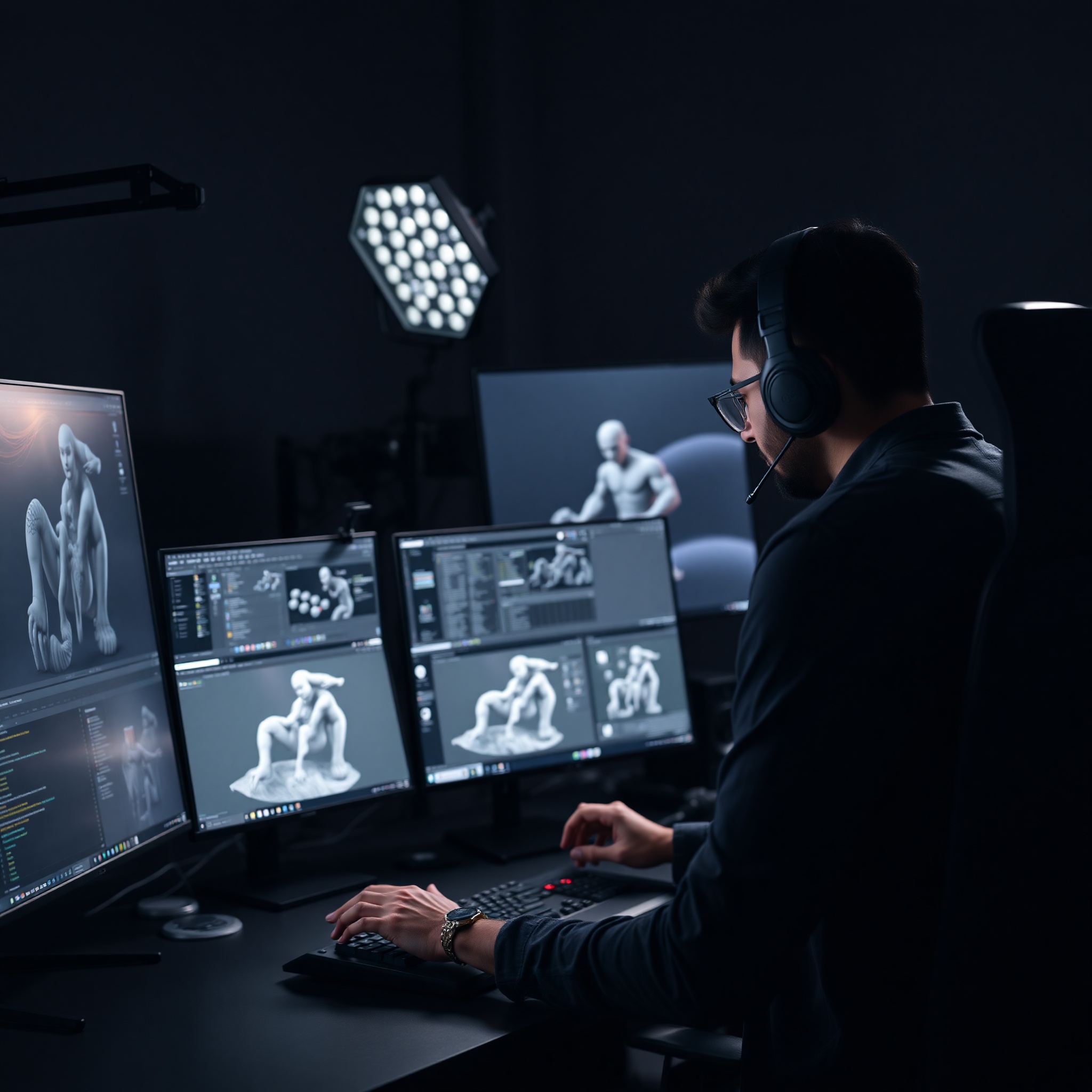 Professional 3D animator working on complex motion graphics in studio environment